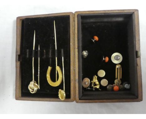 A heavy 18ct gold horseshoe-shaped stick pin, various other stick pins, dress studs, etc
