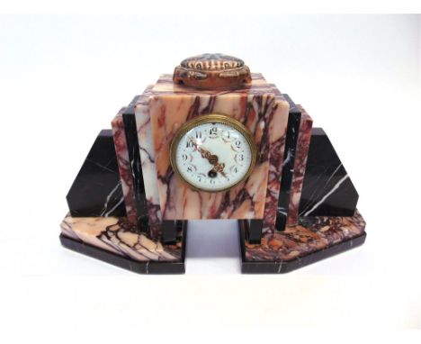 A LARGE MARBLE CASED ART DECO MANTLE CLOCK,  49cm wide 12.5cm deep 28cm high including associated ceramic crab