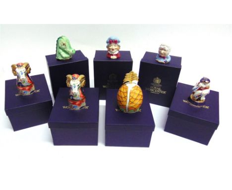 SEVEN BOXED ROYAL WORCESTER CANDLE SNUFFERS:  Three from the Punch and Judy series 'Baby', 'Judy' and Crocodile' all with cer