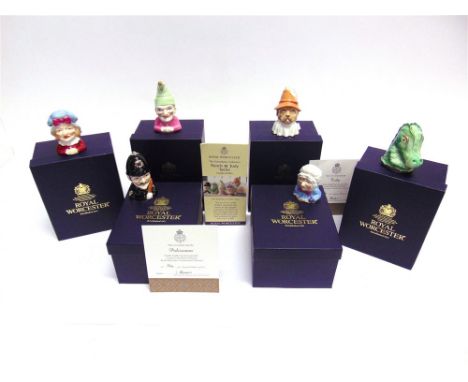 A SET OF SIX ROYAL WORCESTER LIMITED EDITION 'PUNCH AND JUDY' CANDLE SNUFFERS:  'Punch', 'Judy', 'Baby', 'Toby', 'Policeman' 