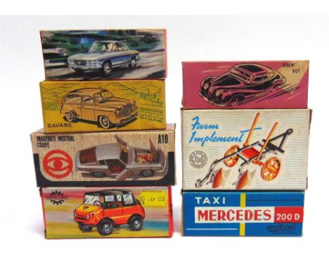 SEVEN EMPTY BOXES FOR DIECAST MODEL VEHICLES  including Marklin, Mercury (2), Mebetoys and C.I.J. examples.