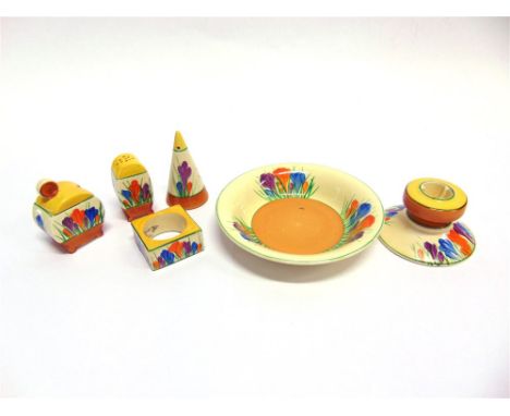 A GROUP OF CLARICE CLIFF BIZARRE 'AUTUMN CROCUS' PATTERN ITEMS, including candlestick, bonjour shape preserve pot, conical sh