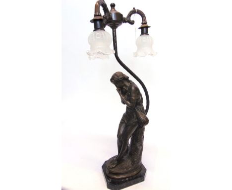 A LARGE BRONZED FIGURAL THREE LIGHT TABLE LAMP, the base entitled 'La Cigale', modelled with a classical maiden holding a lut