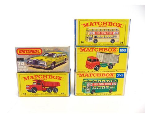 FIVE MATCHBOX 1-75 SERIES MODELS comprising No.26, G.M.C. Tipper Truck, red, silver and green, black plastic wheels, good con