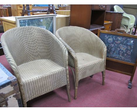 Two Mid XIX Gilt Basketwork Chairs, firescreen, two prints. (5)