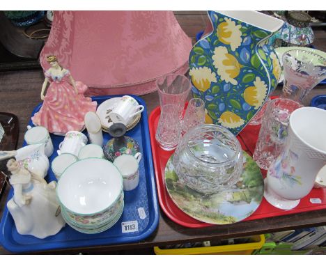 Royal Worcester "English Gardens" Coffee Cans,Saucers, Royal Doulton figure, Shelley vase, glass ware etc:- Two Trays 