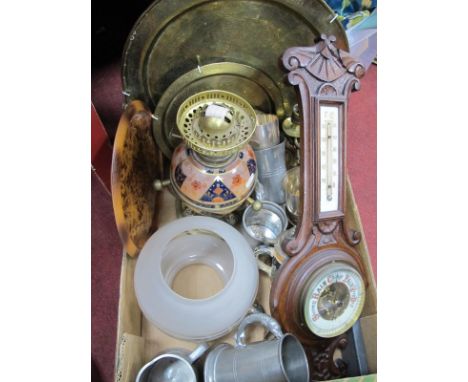 XIX Century Imari Pottery and Brass Oil Lamp (damages), with barometer, tankards, brassware, etc:- One Box