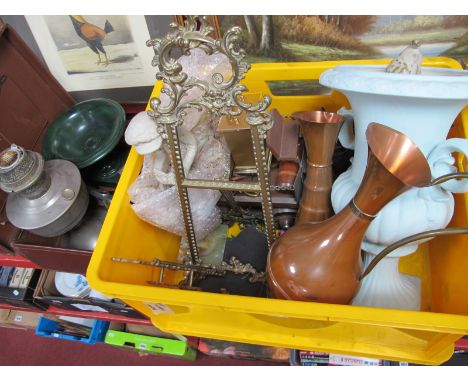 Pottery Shire Horse and Cart, copper jugs, brass picture stands, oil lamp, large pinking shears stamped with military arrow a