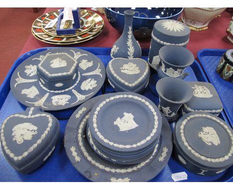 Wedgwood Dark Blue Jasper Ware Trinket Jars, ashtrays etc:- One tray