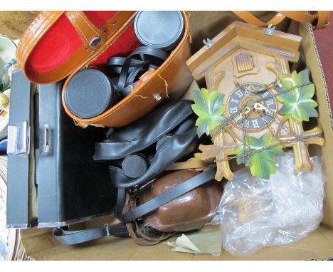 A Cuckoo Clock, Tasco &amp; Ajax Binoculars, Kodak camera, etc:- One Box