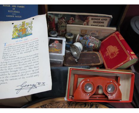 Opera Glasses, playing cards, Chad Valley money box, Viewfinder in a hardwood box.