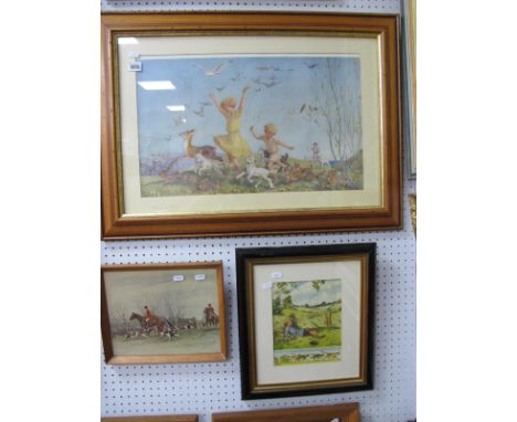A Margaret Tarrant, Upset Farmer print, a larger children and lamb scene 33 x 54.5cm, hunting print. (3)