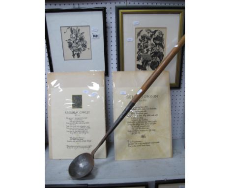 Four Assorted Prints, large ladle with softwood handle, 79.5cm long.