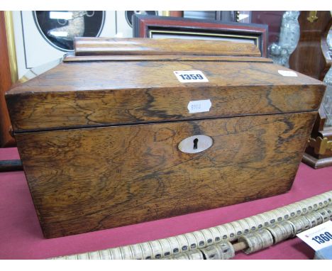 A XIX Century Rosewood Sarcophagus Shaped Tea Caddy, (no rings, and damage lid missing eternally) with mother of pearl inset.