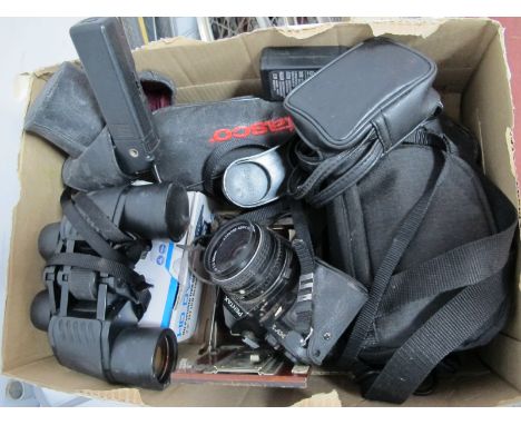 Tasco Spotting Scope, Pentax MV1 camera, Unicum camera, binoculars etc:- One Box