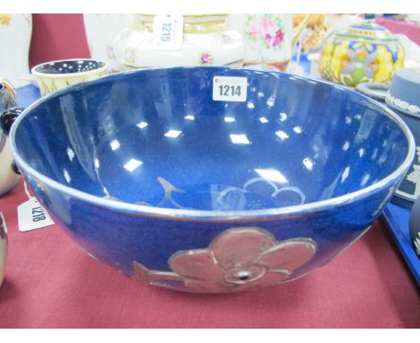 A Circa 1920's W &amp; R Carlton Ware Bowl, in mottled blue with applied pewter floral branches inset with blue cabochon ston