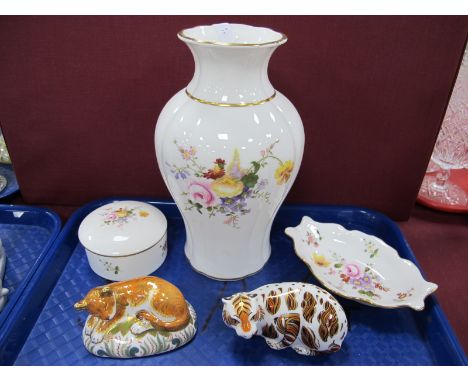 Royal Crown Derby Paperweights, 'New Year Tiger', date code for 2005 and 'Lion Cub', both silver stoppered, 2nd quality, 'Der