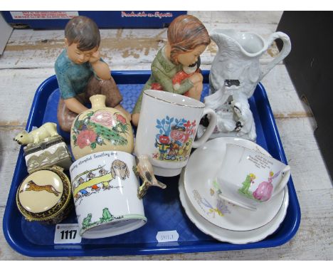 A Pair of Eva Gali Figures of a Boy and a Girl, Satsuma vase, trinket pots, nursery teaware including 'Magic Roundabout' mug,