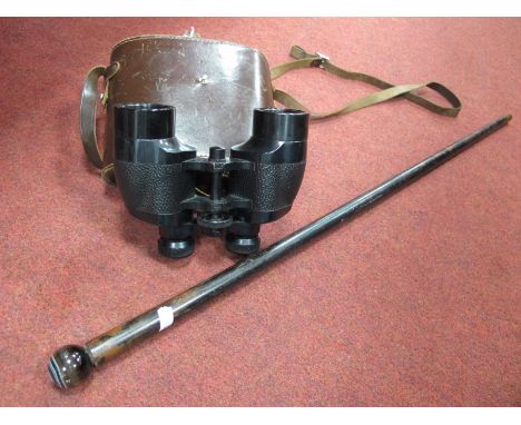 A Late XIX Century/Early XX Century Ebonised Walking Stick, with a agate handle, together with a pair of binoculars in a leat