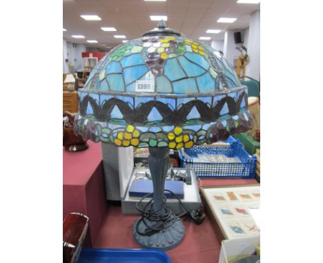 Tiffany Style Table Lamp, with butterfly decoration to shade, (squashed), on blue base, 64cm high