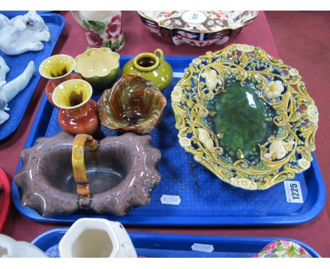 Linthorpe Pottery; Pierced Oval Dish, in mottled green and brown, impressed No 1886 and painted No FM 745, a basket impressed