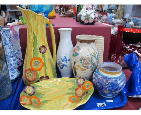 1930's Carlton Ware Embossed Anemone Jug Vase, moulded with leaves and painted with bright flowers, a matching dish, Poole po