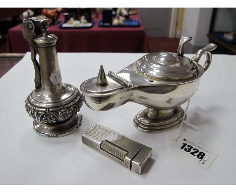 A Dunhill Novelty Plated Table Cigarette Lighter, in the form of a 'genie' lamp; together with a novelty Ronson "Decanter" ta