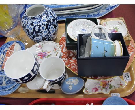 XIX Century Celery Vase, XIX Century blue and white bowl, Royal Crown Derby trinket dishes, etc:- One Tray