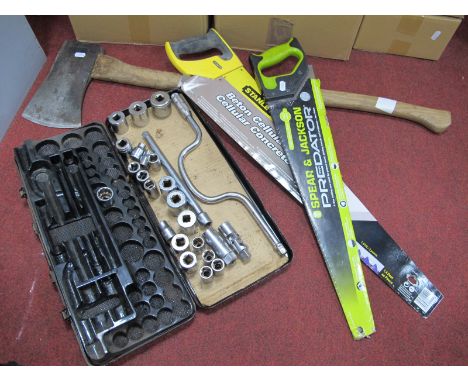 S &amp; J Tree Fellers Axe, Stanley and Spear and Jackson saws, socket set.