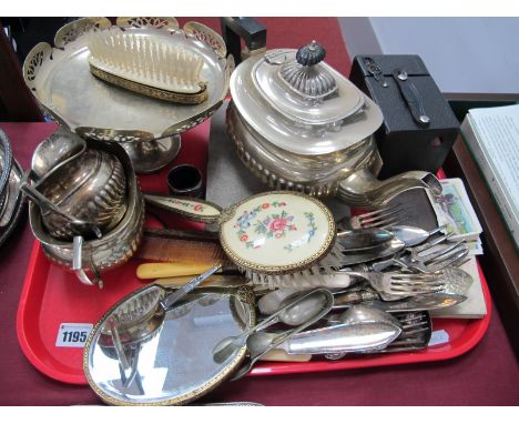 EPNS Three Piece Tea Service (rubbed), cutlery, ladies dressing table set, camera etc:- One Box