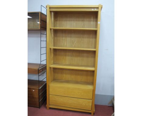 A Light Wood Open Shelf Unit, with twin drawers below, 95cm wide.