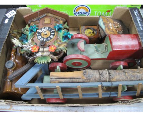Cuckoo Clock, Bed Warmer in the form of a Gladstone bag, home made child's tractor and log trailer, two other clocks:- One Bo