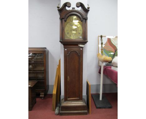 An XVIII Century Oak Eight Day Longcase Clock, the brass dial inscribed 'Val Downs, Louth' and with Roman and Arabic numerals