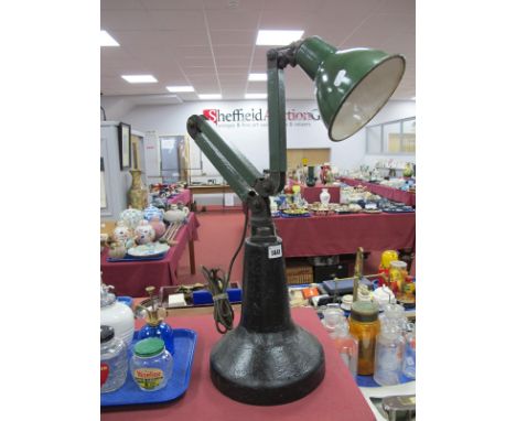 A Circa 1930's Industrial Factory Lamp, on heavy cast base, green enamel shade on three concertina arms.