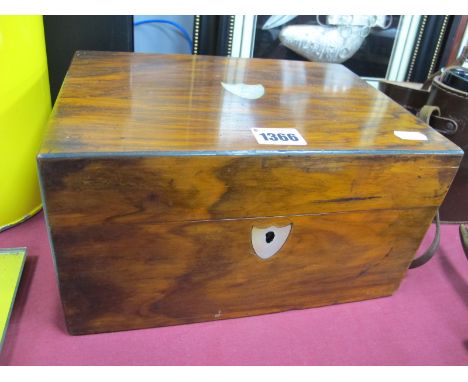 A XIX Century Walnut Ladies Sewing Box, with mother of pearl inlay, silk lined and fitted interior.