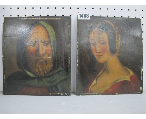A Pair of XVIII Century Oils on Panels, head and shoulders of a Lady and a Gentleman in hooded cloak, unsigned, 19.5 x 7cm, u