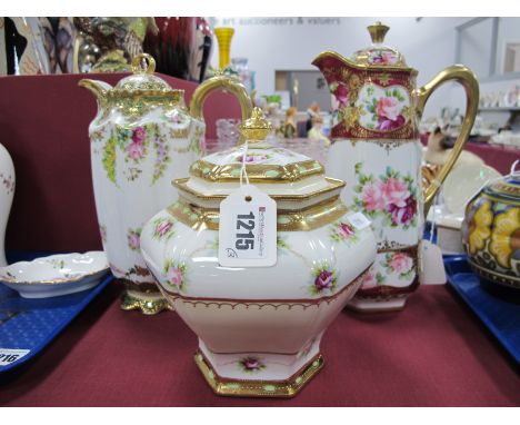 An Early XX Century Noritake Chocolate Pot, Tea Pot and Tea Caddy, with gilt and floral decoration.