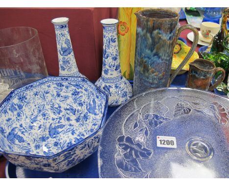 Burleigh Ware, pair of blue and white bulbous vases, 22cm high and octagonal bowl, two studio pottery jugs, glass cake stand.