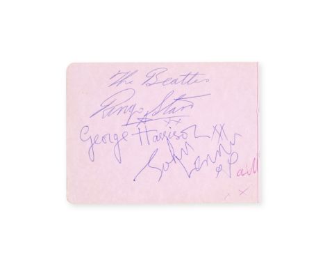 The Beatles: Autographs On An Album Page, 1963, a pink album page signed in blue ballpoint by Ringo Starr, George Harrison an