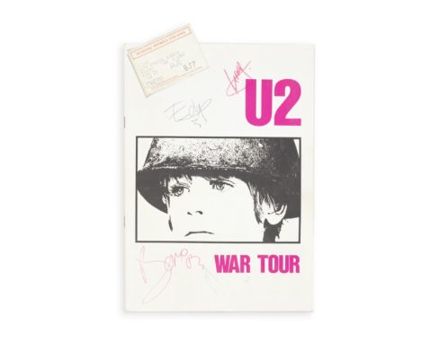 U2: An Autographed War Tour Programme And Ticket, 1983, signed by Bono and Larry in red felt-tip pen and by Edge and Adam in 