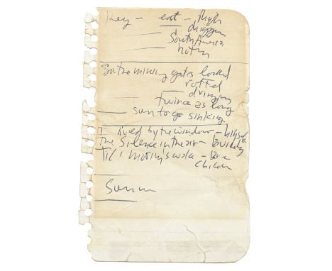 Bob Dylan: A Handwritten Lyric Sheet For 'North Country Blues', 1974, on blue lined notebook paper, handwritten lyrics by Dyl