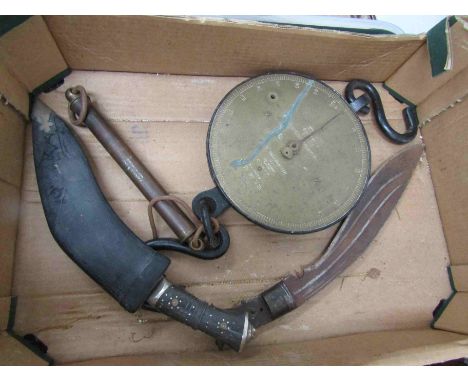 Two boxes of mixed militaria including mid 20th Century kukris, WD stamped Salter spring balance scales and brushes etc