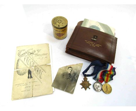 A WWI medal trio named to STK-734 PTE. G.N. LAMBERT R. FUS together with 1916 programme, unopened Wills cigarette box and Mas