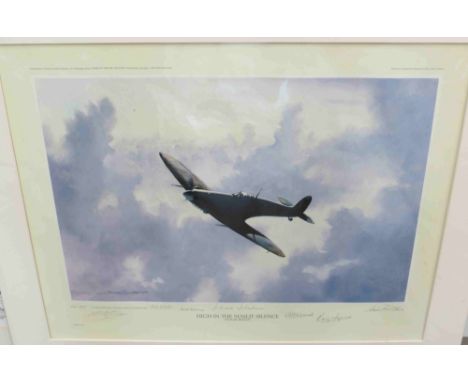 A limited edition print after Michael Rondot, "High in the Sunlit Silence", Spitfire in flight, multiple signatures including