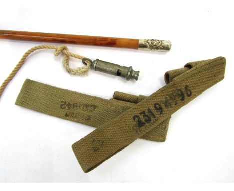 A Royal Marine Artillery Officer's swagger stick, two WWII bayonet webbing frogs / belt loops including 1942 dated, and an AR