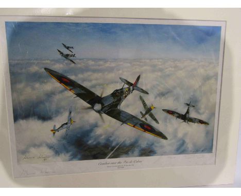 A limited edition print after Simon Smith, "Combat over the Pas de Calais", Spitfires and Messerschmitt 109Es, signed by the 