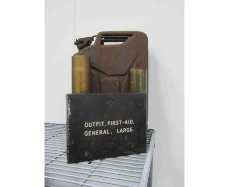 A 1944 dated British Army jerry can, two shell cases and a first aid tin (4)