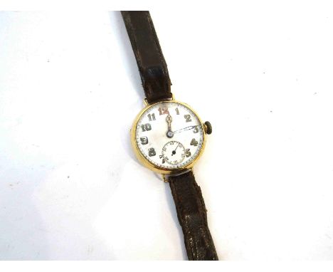 A WWI era 18ct gold officer's purchase wristwatch, Dennison case, leather strap