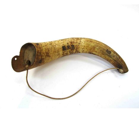 A 19th Century military horn flask stamped RER, and a wooden artefact (2)