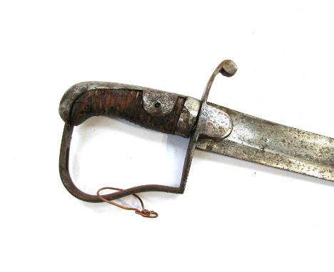 A 1796 pattern light cavalry officer's sabre with curved swelled blade joining a stirrup hilt with ribbed leather covered gri